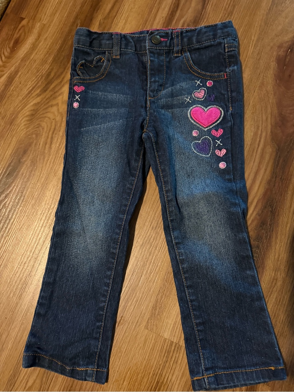 Healthtex Girls Dark Wash Jeans with Pink Heart Embroidery